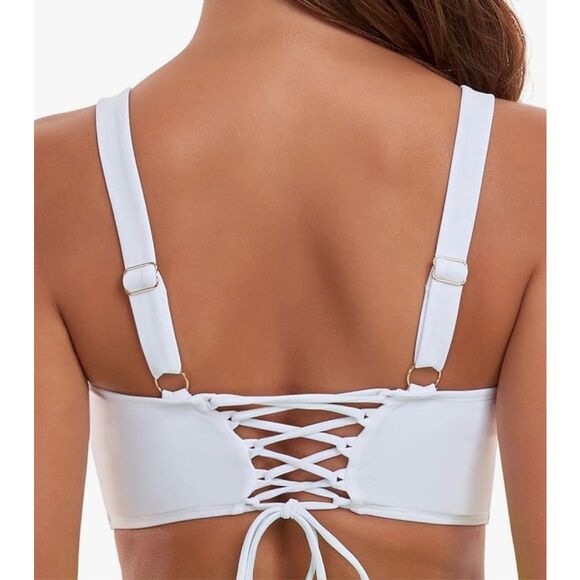 Ocean Blues Retro Cutout Bikini Tops for Lace Up Back Padded Swimsuit Top - L - Picture 2 of 7